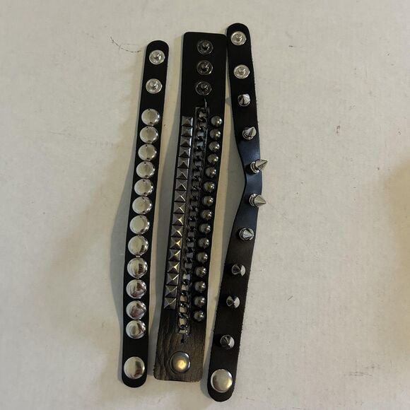 Punk Rock Studded Faux Leather Bracelet Set Spike Chain Wide Snap Cuff 3-Pack - Picture 2 of 9